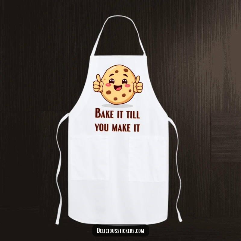 Funny Cookie Apron displaying a happy cookie character giving a double thumbs up, ready for kitchen fun.