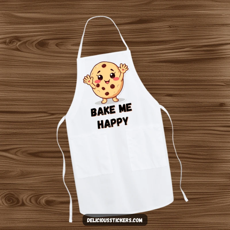 Funny apron with a friendly waving cookie character with chocolate chip freckles, ideal for bakers who enjoy sweet humor.