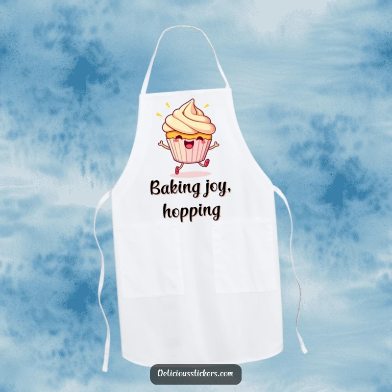 Funny Apron: A beaming cupcake character doing a little hop, bringing cartoon sweetness and fun to kitchen tasks.