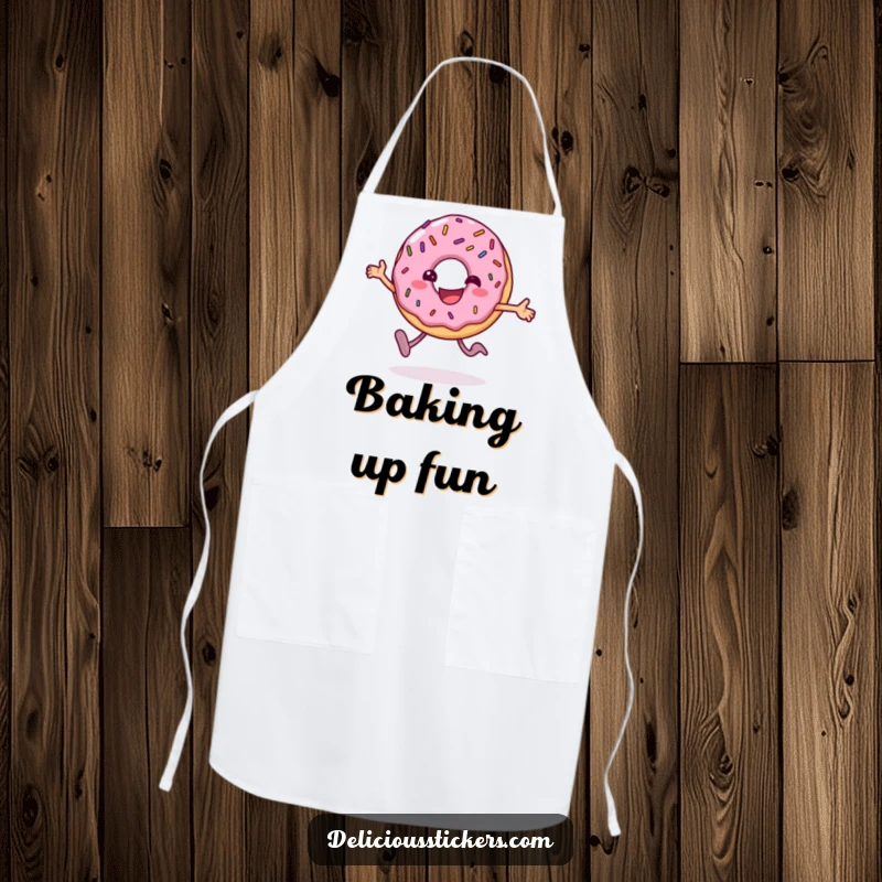 Funny donut apron character hopping with joy while in the kitchen, adding a humorous and practical touch to baking activities.
