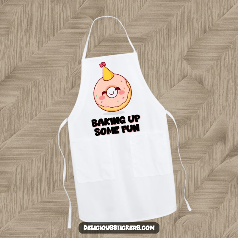 Funny apron with a giggling doughnut character sporting a party hat, ready to add fun and sweetness to any culinary creation.