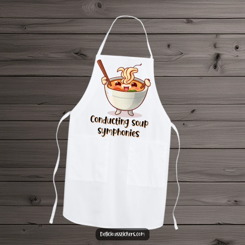 Funny apron showing a joyful ramen bowl character performing a chopstick baton twirling routine, adding humor to meal preparation.