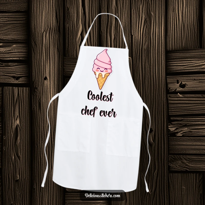 Funny melting ice cream cone apron character in a joyful, melty state, ready to add sweetness and humor to kitchen activities.