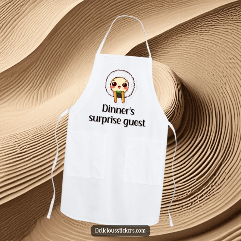 Funny apron depicting a surprised sushi roll character peeking from a chopstick holder, great for sushi-making fun.
