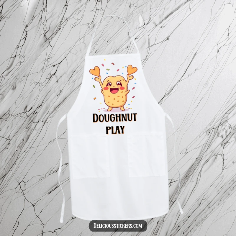 Funny pretzel character throwing confetti on an apron, ideal for kitchen fun and protecting clothes with cheesy humor.