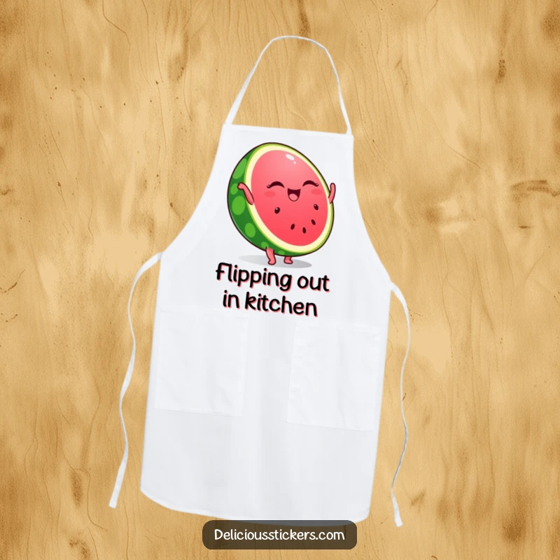 Funny apron with a winking watermelon slice doing a handstand, ready to add fun and fruity vibes to any culinary task.