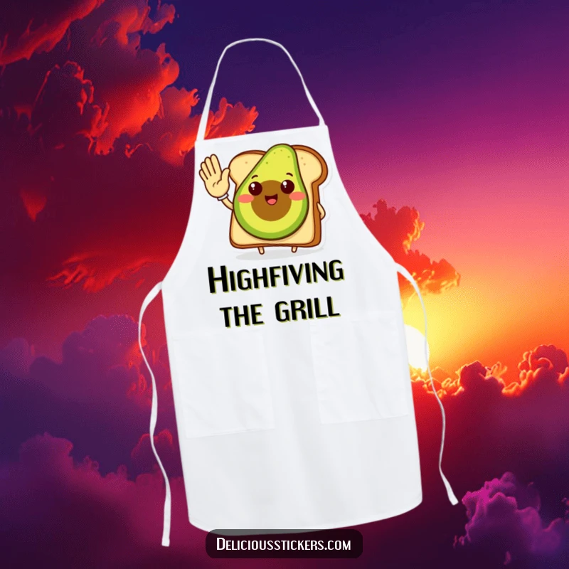 Funny avocado toast apron, a smiling avocado toast character giving a high five, great for kitchen wear.