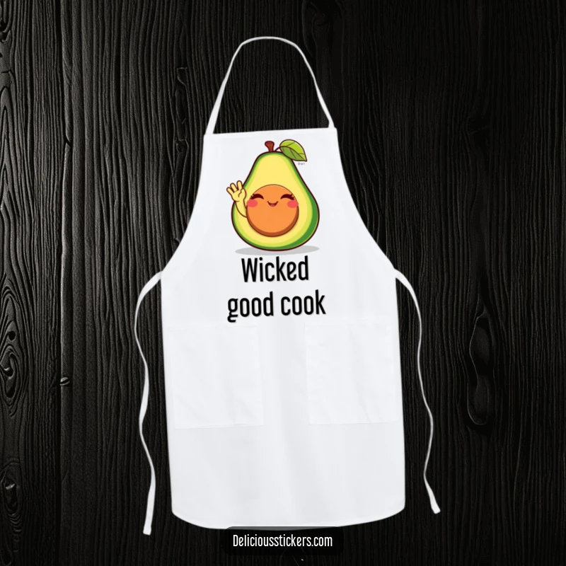 Funny avocado apron character winking and waving while in the kitchen, adding a humorous and practical touch to cooking.