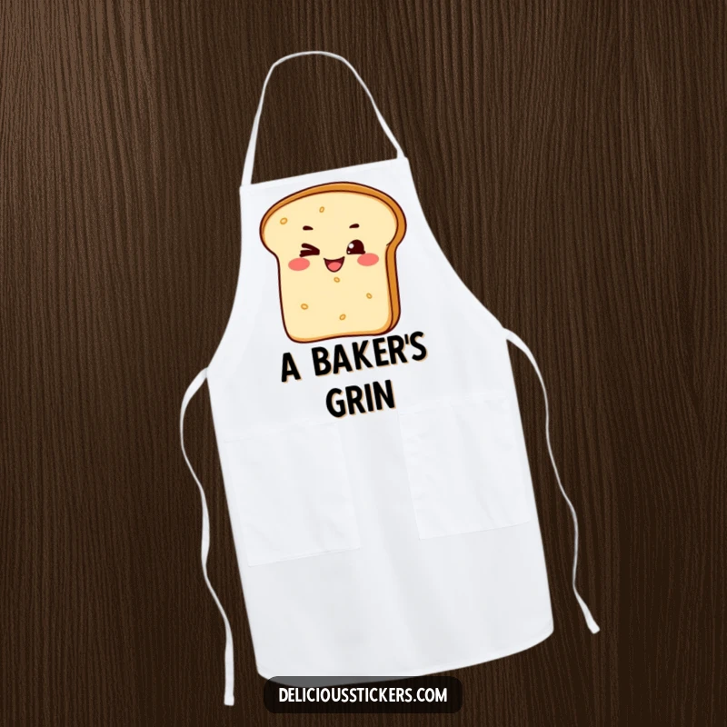 Funny apron showcasing a playful bread loaf character giving a cheeky wink and a grin, perfect for kitchen fun.