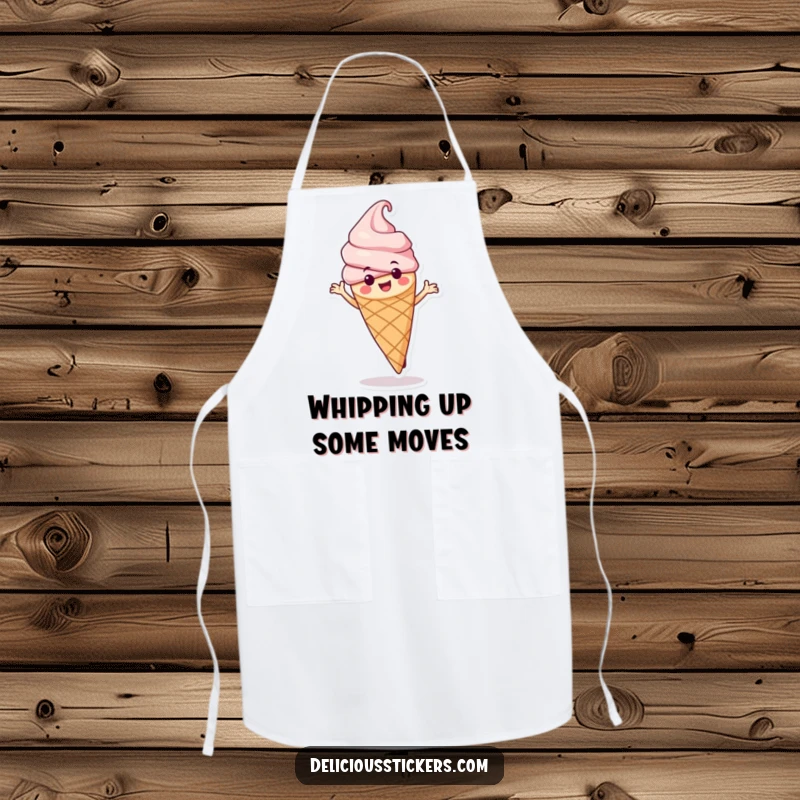 Funny ice cream cone apron character dancing playfully while cooking, adding a touch of humor and protection to kitchen activities.
