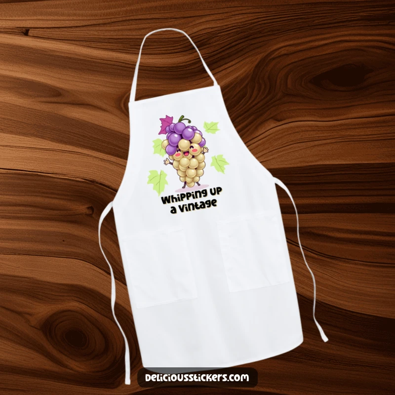 Funny grape bunch apron character dancing playfully in the kitchen, adding a humorous and practical touch to cooking.