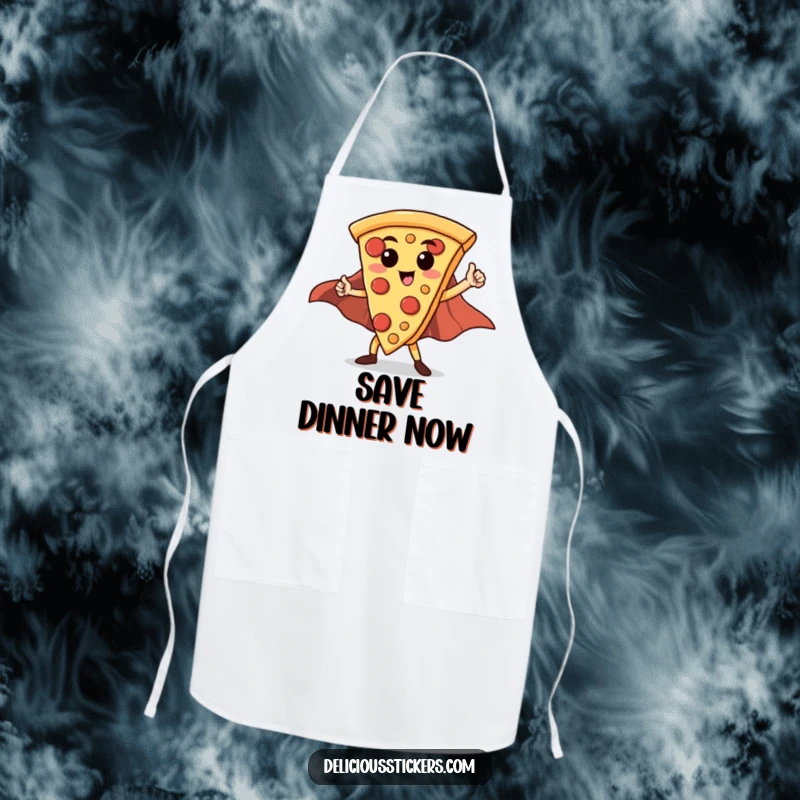 Funny Hero Pizza Slice Apron: A proud pizza slice wearing a cape poses heroically, ready to protect you while cooking.