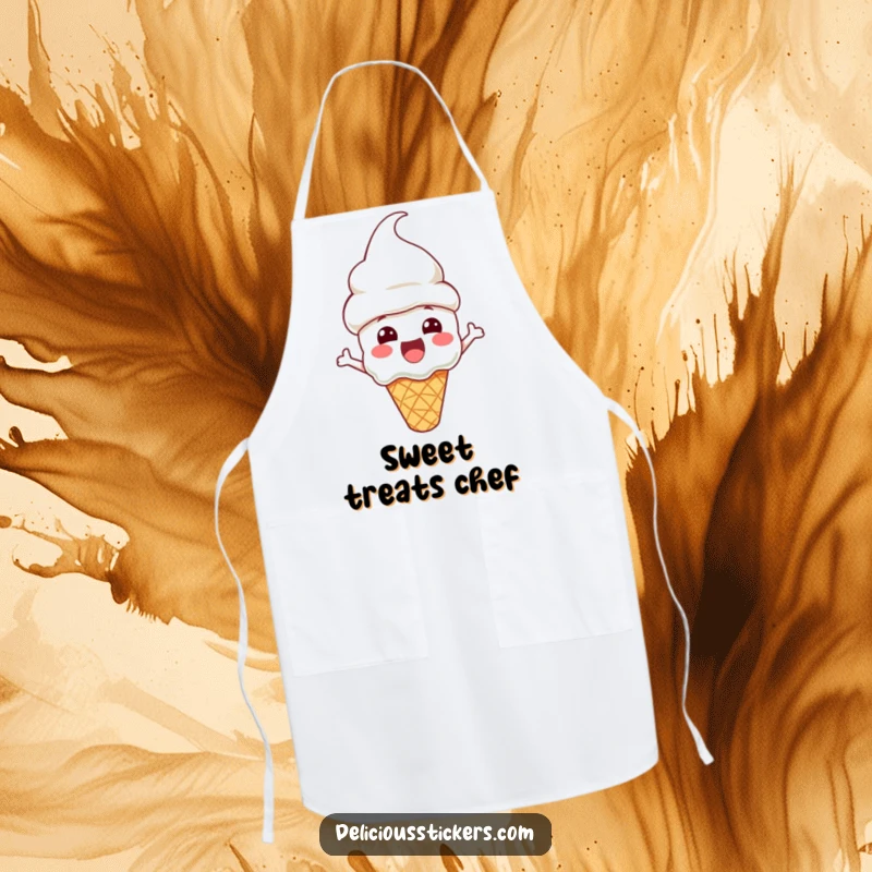 Funny Apron featuring an excited ice cream cone character with a cone hat, perfect for adding fun to kitchen activities.