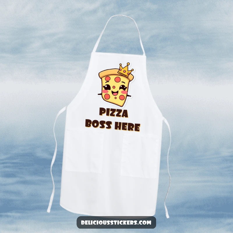 Funny Apron featuring a grinning pizza slice character with a tiny crown, perfect for adding regal fun to cooking.