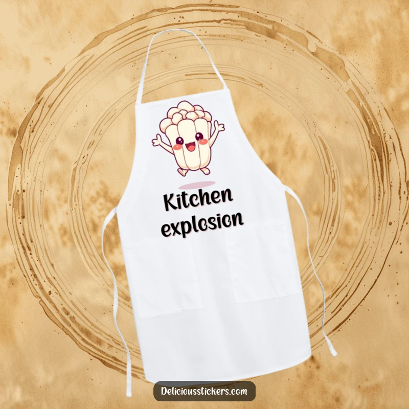 Funny apron with a delighted popcorn kernel character jumping with excitement, perfect for chefs who enjoy movie snacks and humor.
