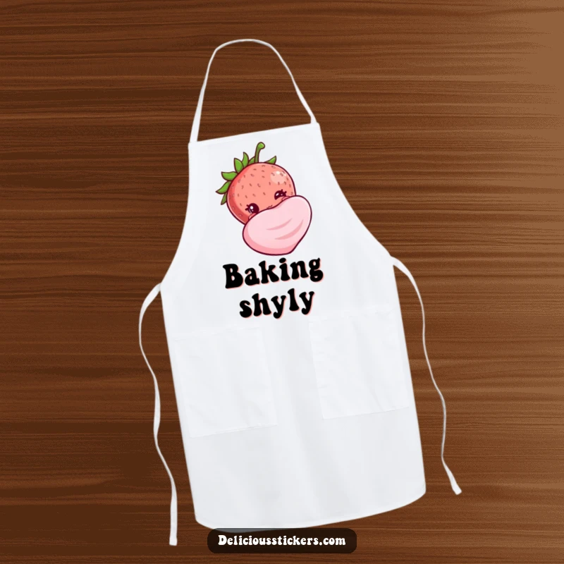 Funny shy strawberry apron, peeking shyly from behind a big candy, making kitchen tasks a little sweeter and funnier.
