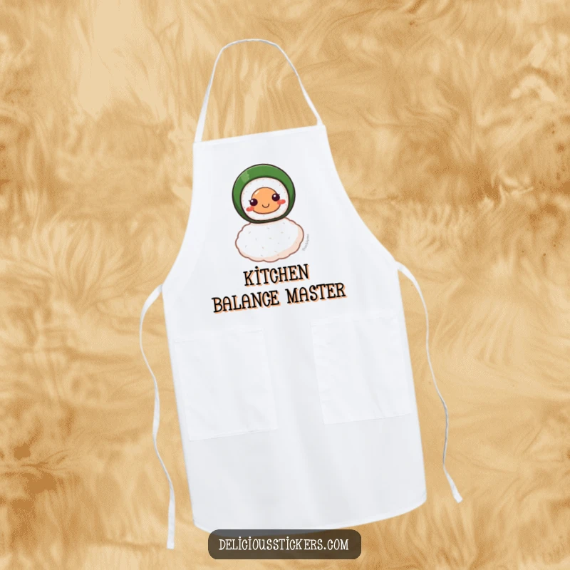 Funny apron featuring a smiling sushi roll character balanced on a single grain of rice, perfect for cooking with delicious humor.