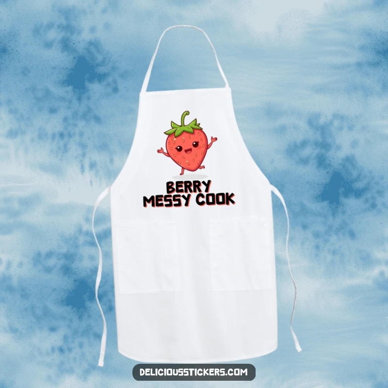 Funny strawberry chef apron showing a delighted strawberry doing a happy little jig with its leaves, ready to cook.