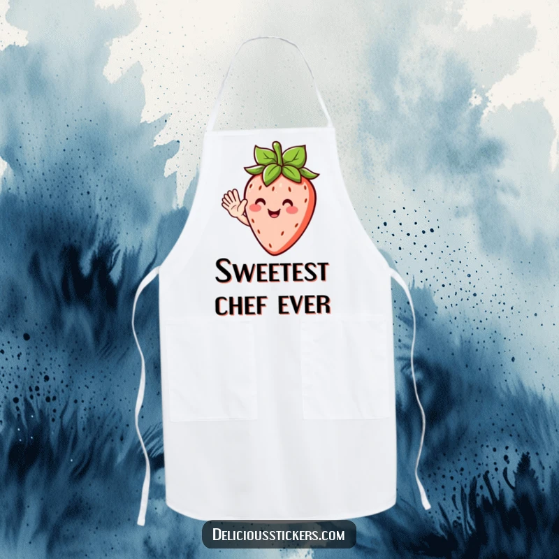 Funny apron featuring a cheerful strawberry character with leafy hair, waving hello while you cook up a storm.