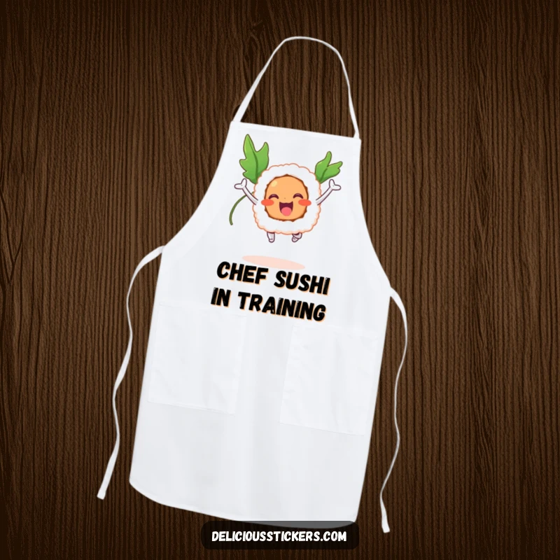 Funny apron with a smiling sushi roll mid-jump, seaweed wings flapping, ready to cook.