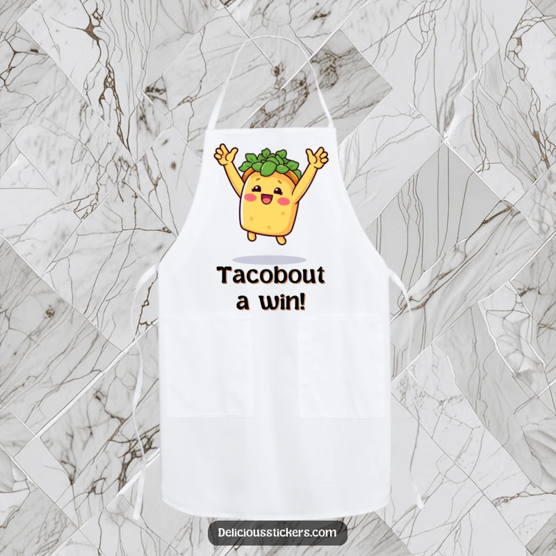Funny taco chef apron showing a smiling taco doing a triumphant jump with arms raised, ready to cook.