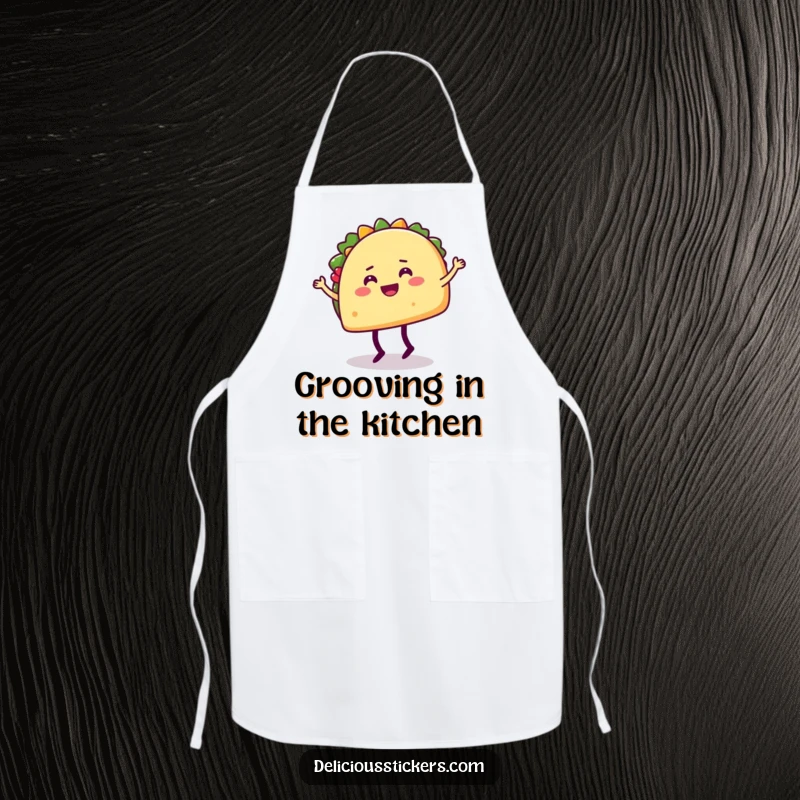 Funny apron depicting a happy taco character doing a silly dance move with legs, perfect for kitchen fiestas.