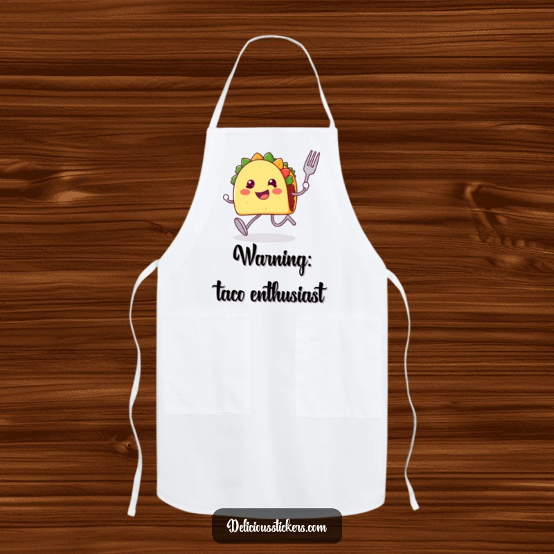 Funny apron with a happy taco character legs pumping, fork and spoon ready, running fast.