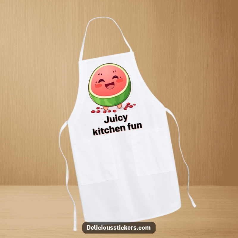 Funny apron with a cheerful watermelon slice character grinning widely, perfect for a playful summer kitchen experience.