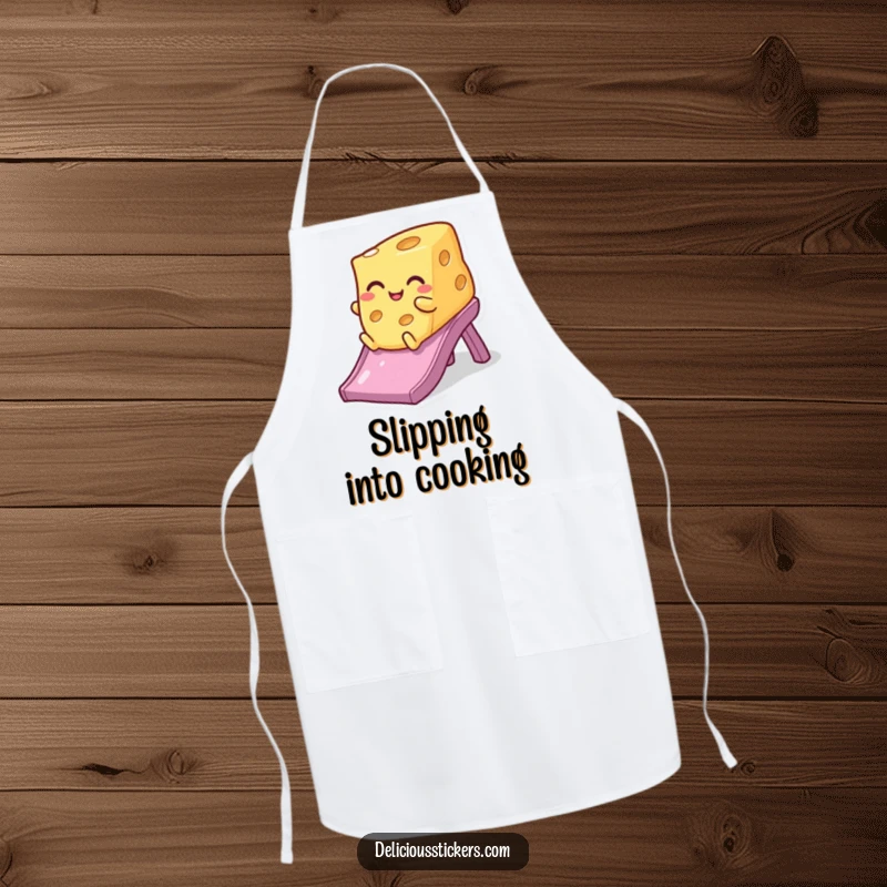 Funny winking cheese apron, sliding down a slide with a playful wink, a humorous and functional kitchen accessory.