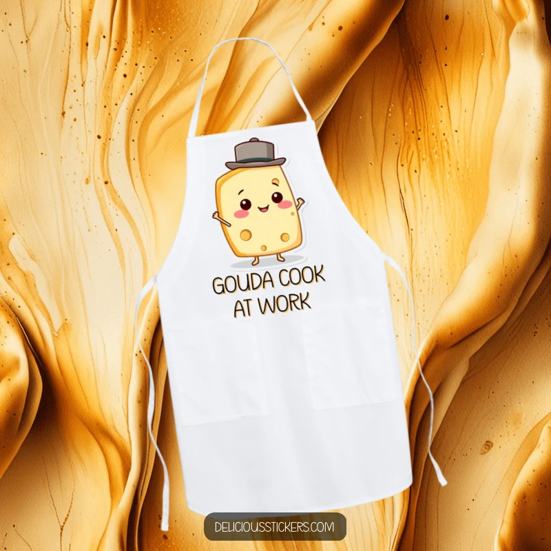 Funny Cheese Wedge Apron displaying a smiling cheese character dressed as a chef, balancing a hat while cooking.