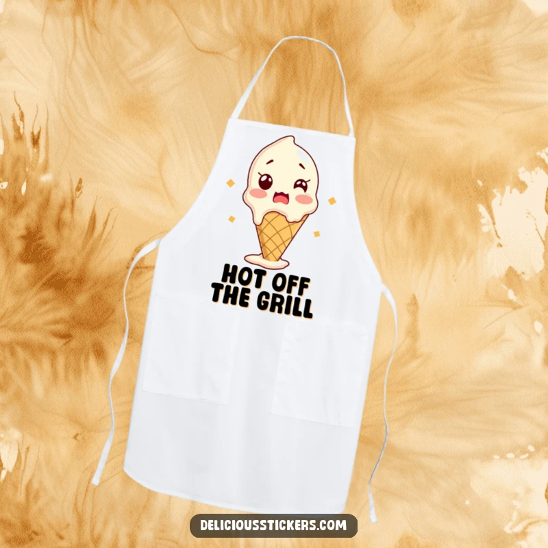 Funny apron showcasing a shocked ice cream cone melting slightly, perfect for bakers and dessert lovers with a sense of humor.