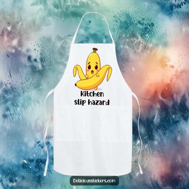 Funny apron with a surprised banana character peeking out from a large peel, perfect for a playful kitchen experience.
