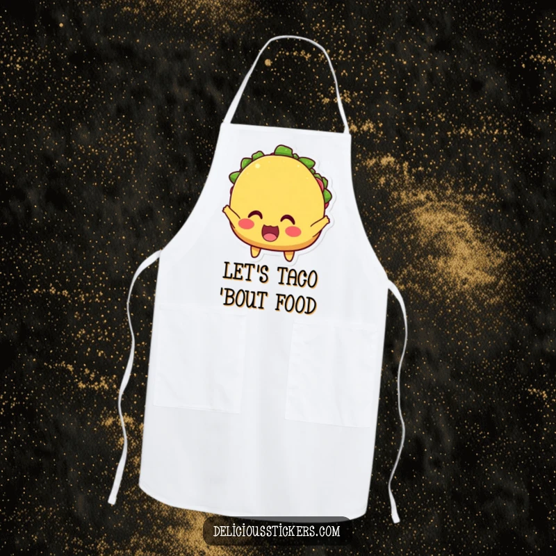 Funny apron showcasing a cheerful taco character with wide eyes, cheering loudly, perfect for kitchen fiestas.