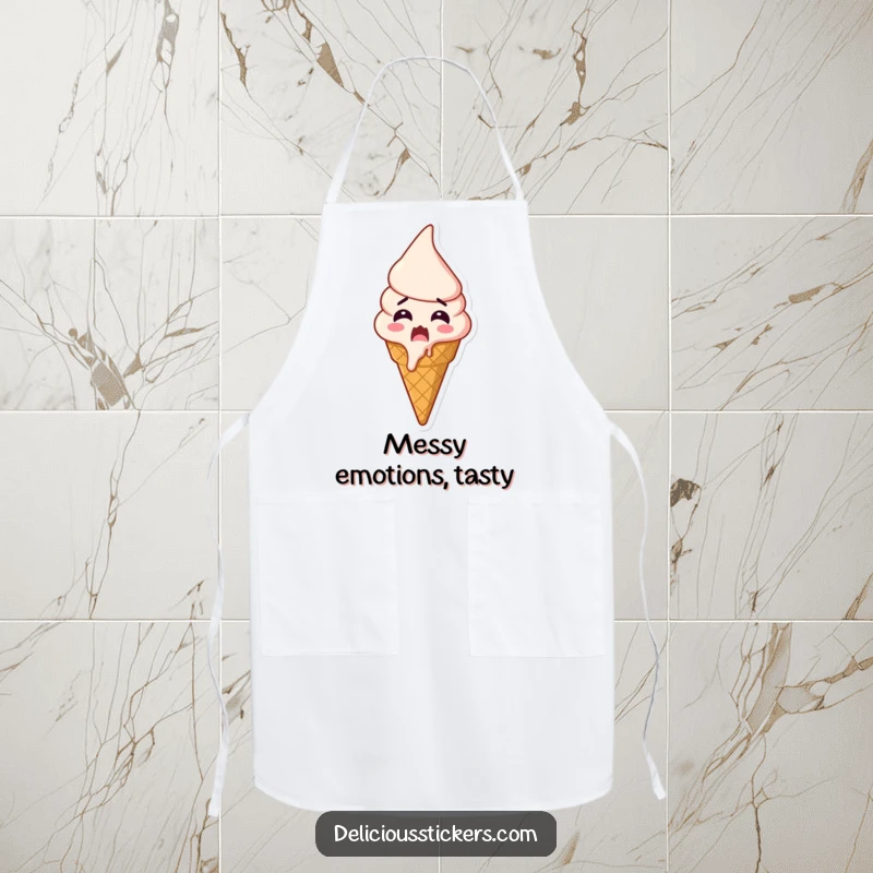 Funny shocked ice cream apron, an ice cream cone melts with shock and excitement, a fun kitchen accessory for dessert lovers.