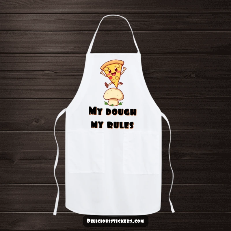 Funny Apron: A cheerful pizza slice character leaping over a mushroom, bringing cartoon delight and mess protection to the kitchen.