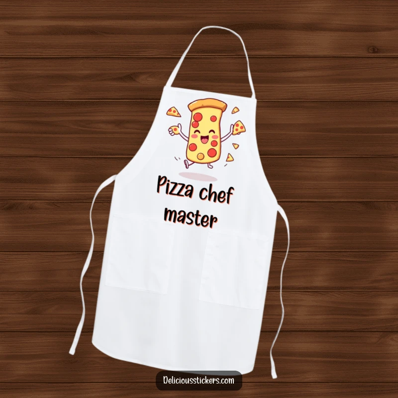 Funny apron featuring a pizza slice character juggling smaller slices, perfect for a playful cooking experience.