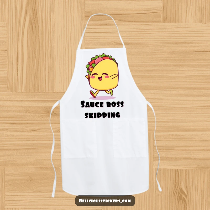 Funny apron featuring a happy taco character doing a funny sideways skip with eyes closed, ready to cook up some fun.