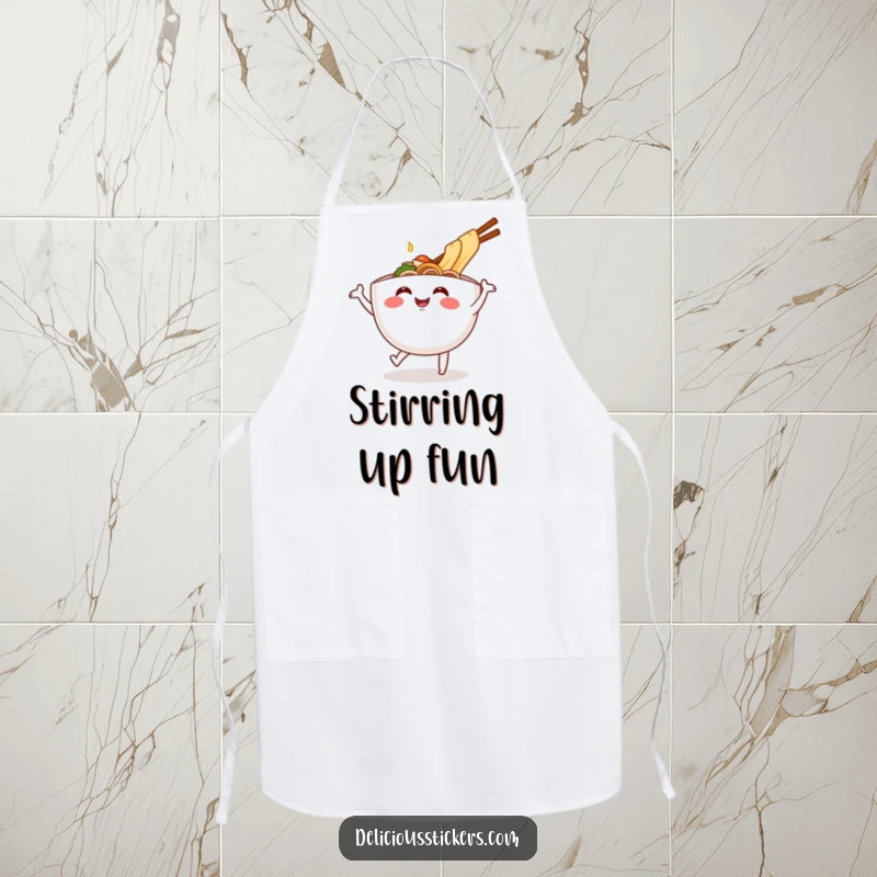 Funny ramen bowl dance apron, cartoon noodles in motion while cooking, a humorous and practical kitchen gift.