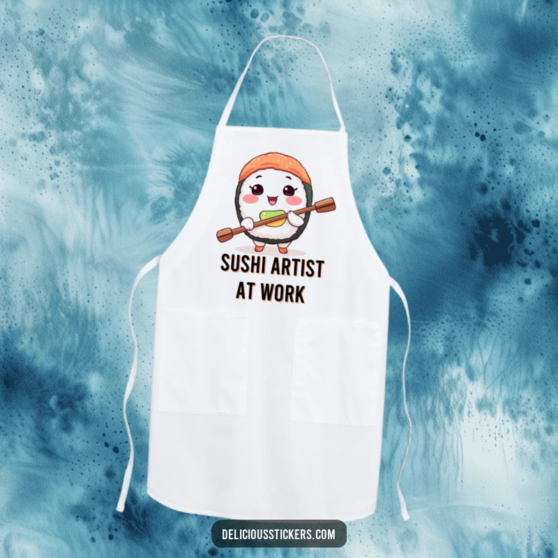 Funny sushi chef apron showing a joyful sushi character balancing a tiny paddle on its nose, ready to cook.