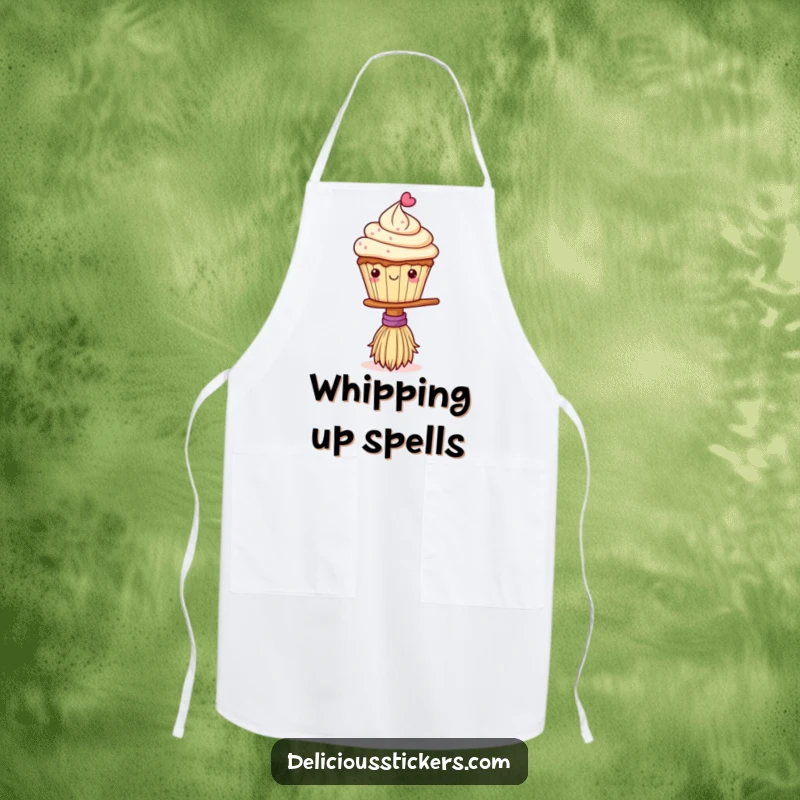 Funny kitchen apron showing a cute cupcake balancing on a broom, ideal for adding whimsical humor to cooking and baking adventures.