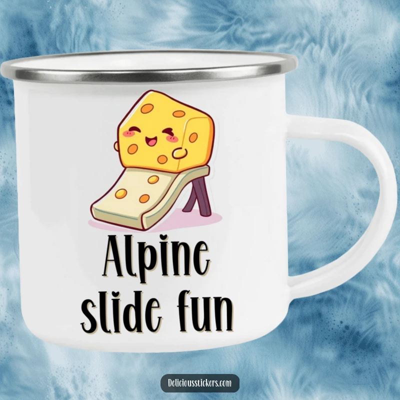 Funny winking cheese camping mug, a slice of cheese slides down a slide with a wink, perfect for campfire stories.