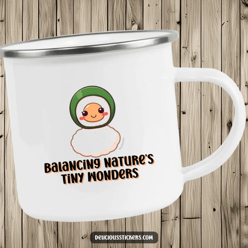 Funny camping mug featuring a smiling sushi roll character balanced on a single grain of rice, perfect for outdoor enjoyment.