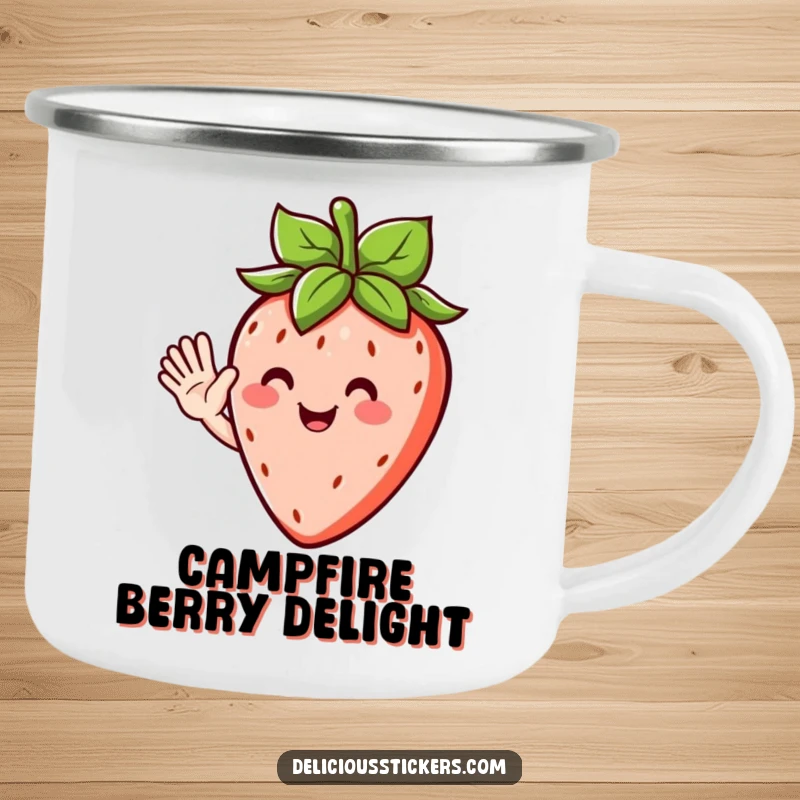 Funny camping mug showcasing a happy strawberry character with leafy hair, waving hello during your outdoor excursions.