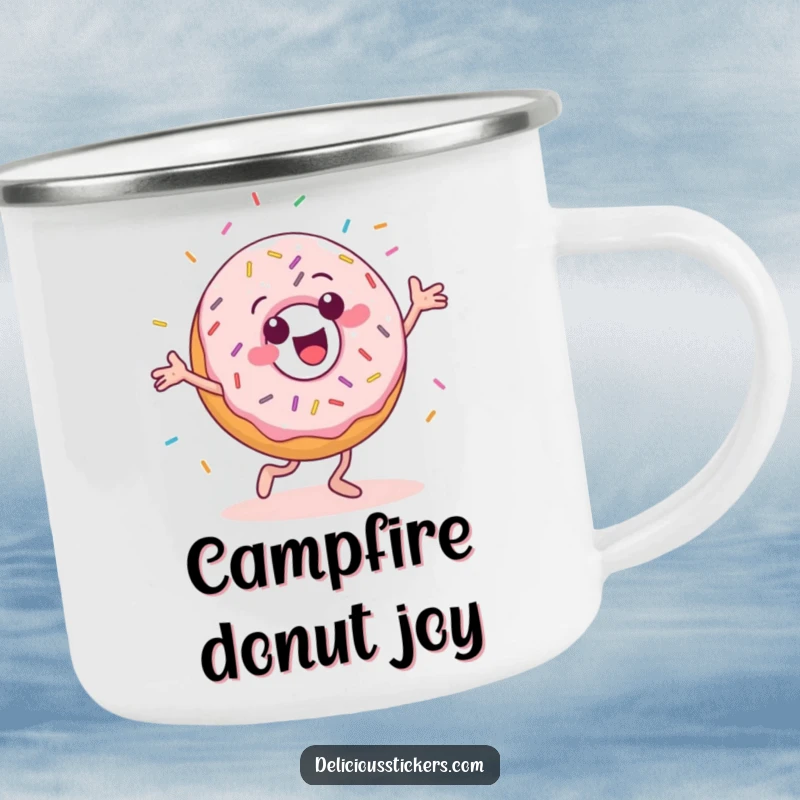 Funny camping mug with a cheerful donut character doing a silly dance with sprinkles flying.