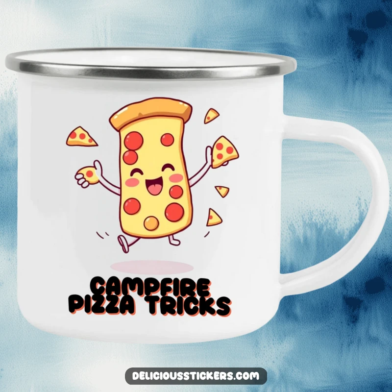 Funny camping mug featuring a pizza slice juggling itself, perfect for outdoor adventures and pizza enthusiasts.