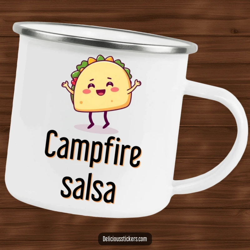 Funny camping mug with a happy taco character doing a silly dance move with legs, perfect for festival campers.
