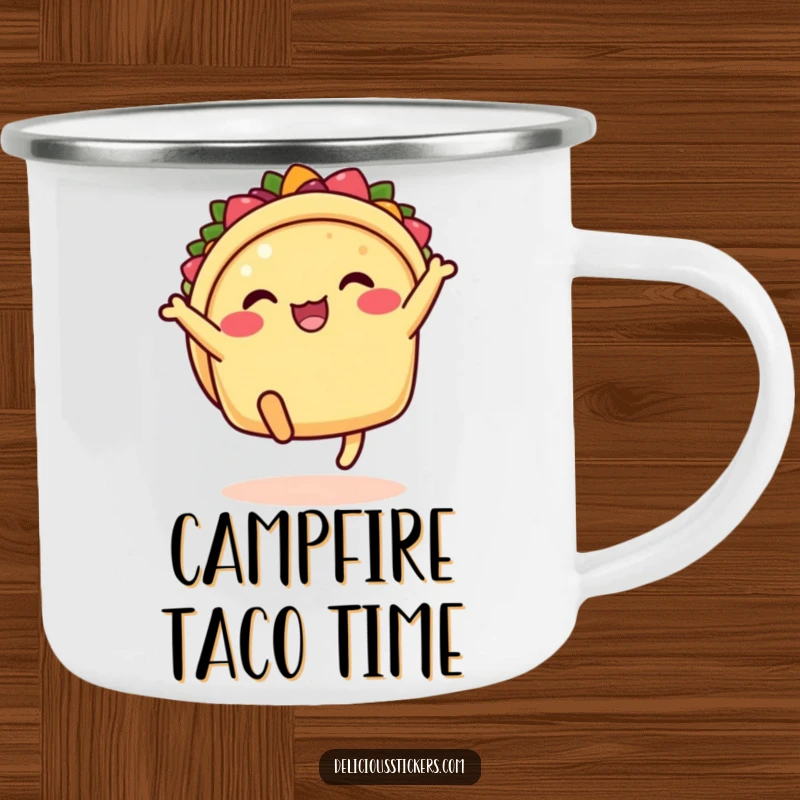 Funny taco camping mug with legs kicking, cartoon outdoor accessory, a humorous and durable festive item.
