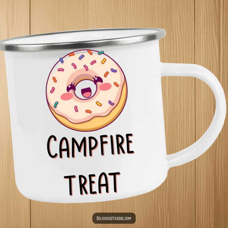 Funny Camping Mug: A happy donut with colorful sprinkles bounces with excitement, ready for any outdoor adventure with a sweet spirit.