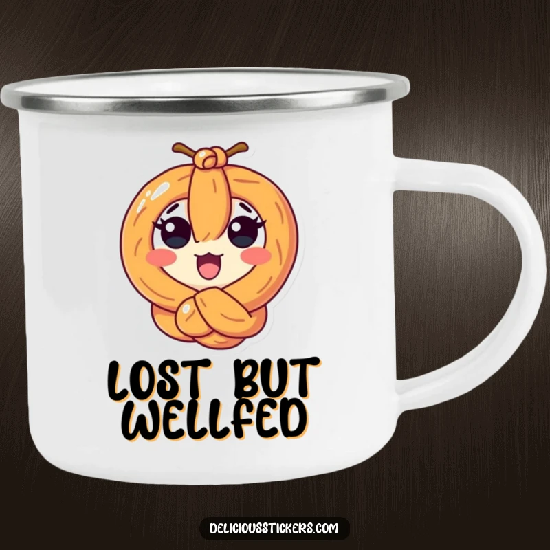 Funny surprised pretzel character tied in a knot on a rugged camping mug for humorous outdoor enjoyment.