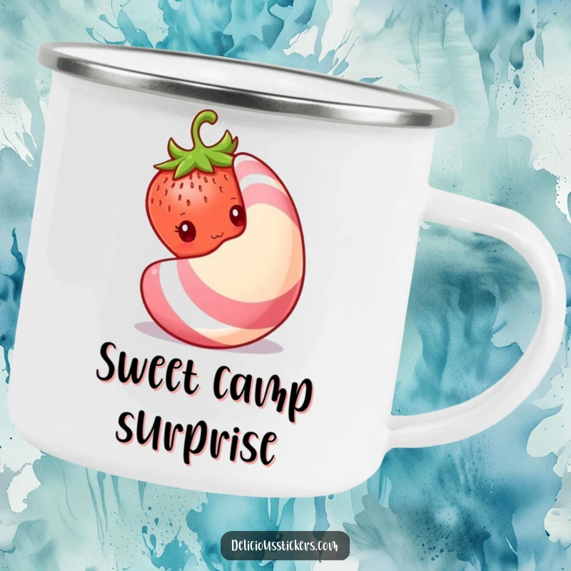 Funny shy strawberry camping mug, a strawberry peeks shyly from behind a large candy, perfect for quiet campfire moments.